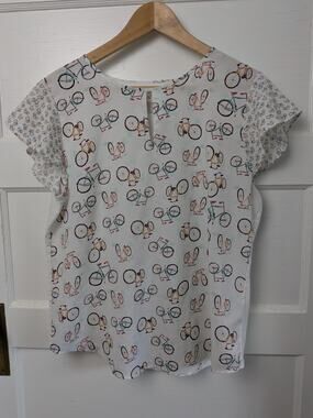Van Heusen Bicycle Print Top Womens Large Cap Sleeve Keyhole